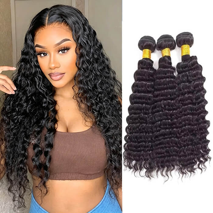 (B1)Deep Wave Human Hair 3 Bundles Natural Human Hair for Women Brazilian Raw Hair Extensions(Ship In 24Hours)