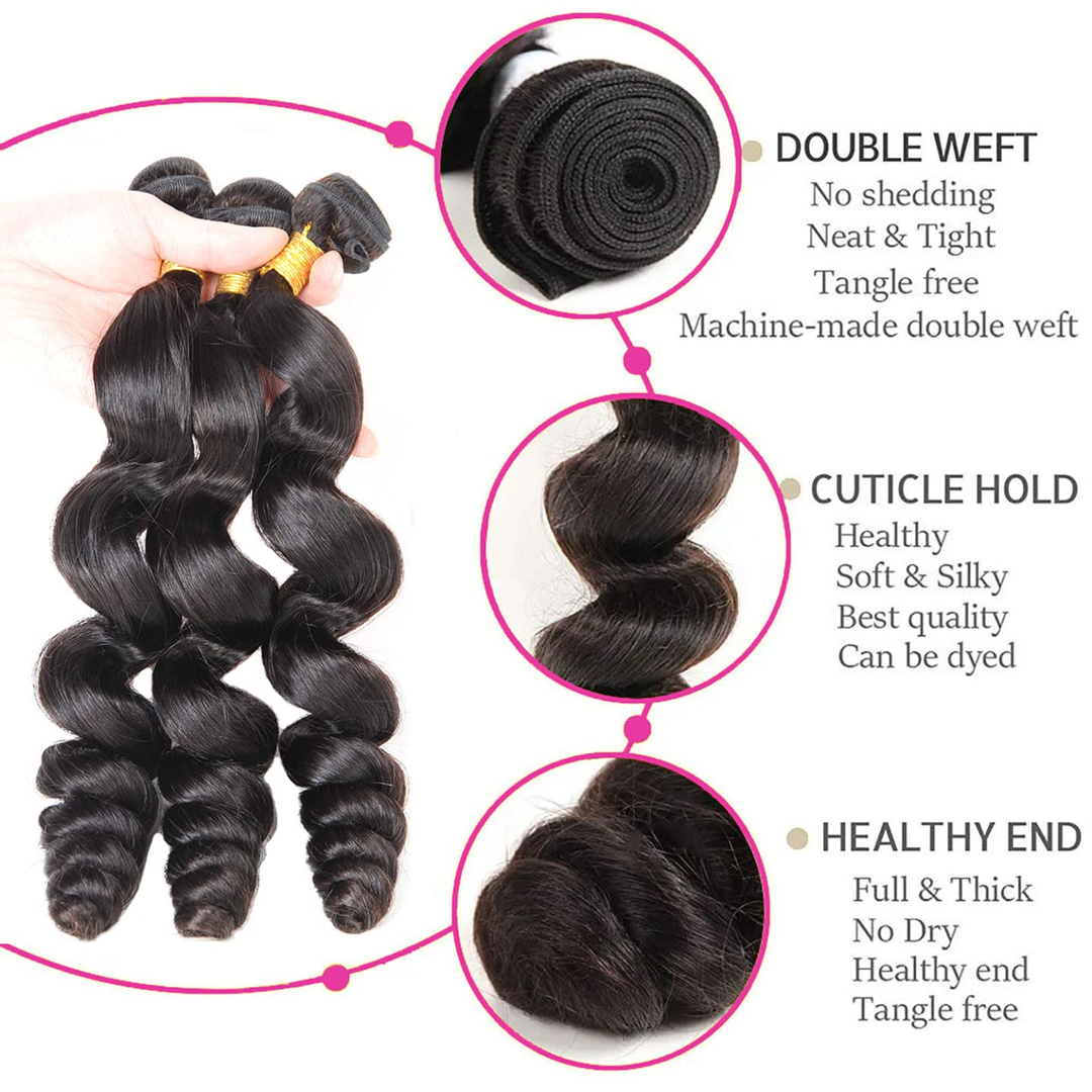 (B2) Loose Wave 3 Bundles With 4x4  Lace Closure Brazilian Human Hair Extension