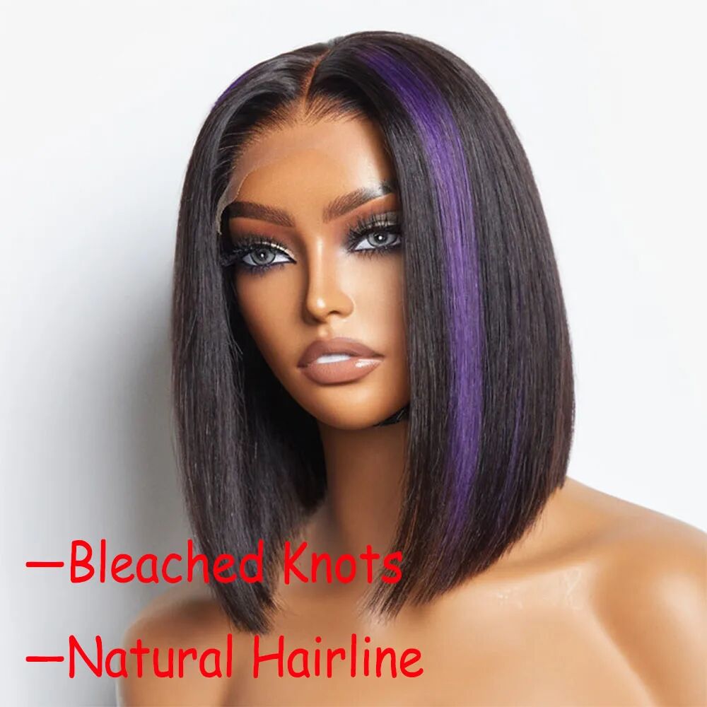 Lumiere HD Lace Front Human Hair Straight Short Bob Highlight Purple Colored Wigs  For Black Women HDZ