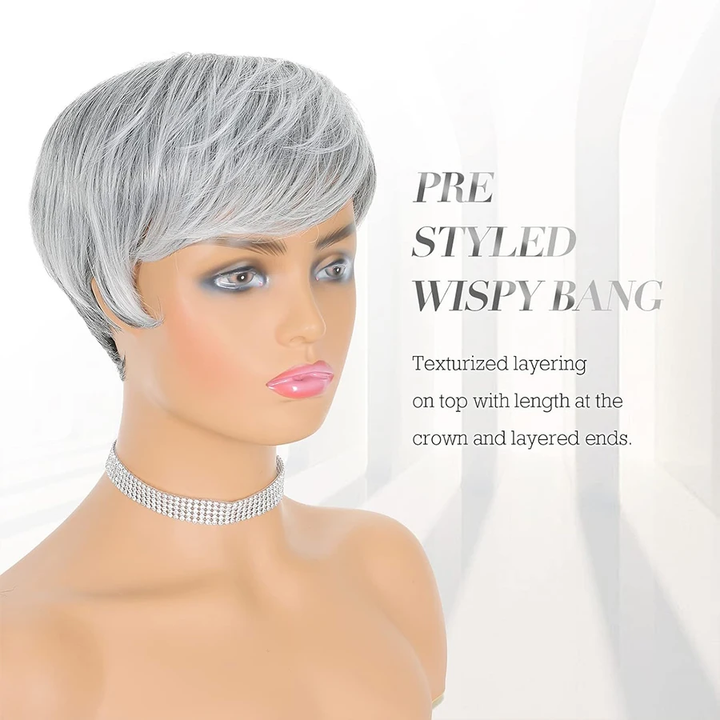 New Pixie Cut Dark Grey Granny Grey Short Straight Pixie Cut Hair Human Hair Machine Made Wig for Women