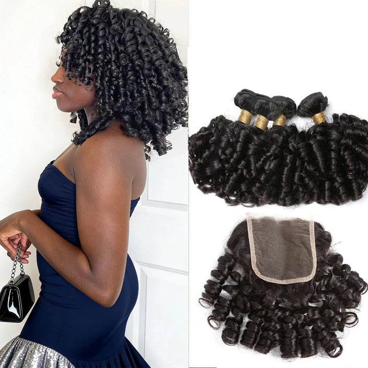 Bouncy Curly 4 Bundles avec 4x4 Lace Closure Indian Virgin Hair Extensions 