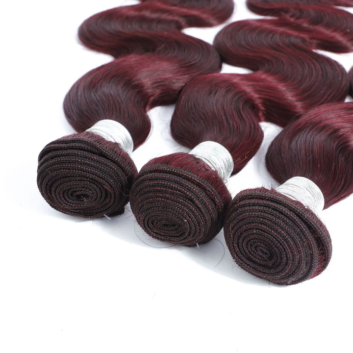 99j Burgundy Colored Body Wave 4 Bundles Brazilian Wavy With 5x5/6x6 Closure Human Hair