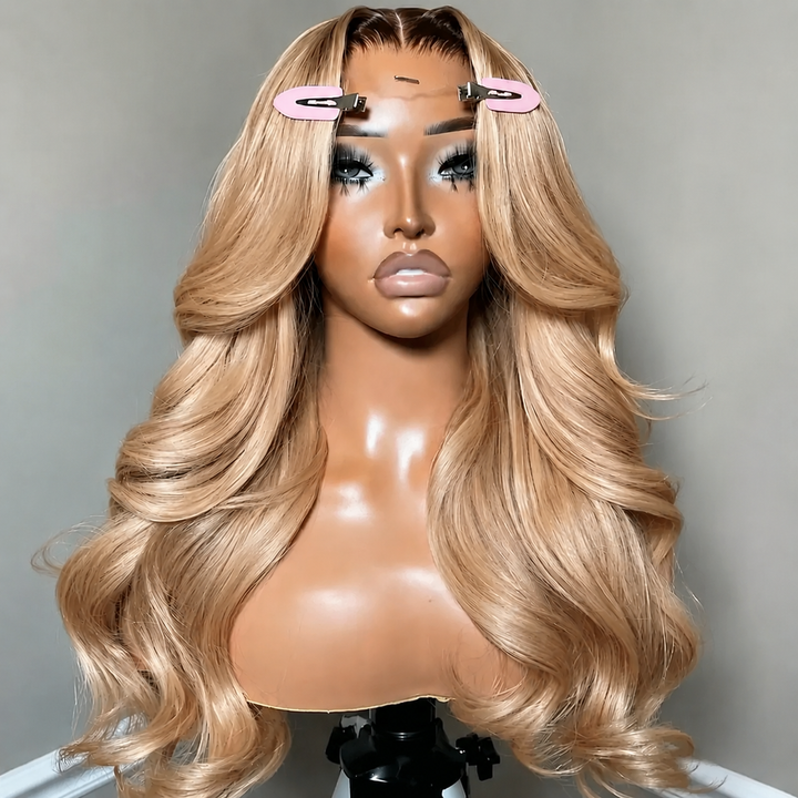 Lumiere 200% Density Body Wave Root4/Ash Blonde 13x4 Lace Front Wig Human Hair Wigs（Natural #1B Colored）