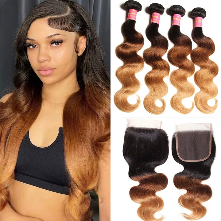 Péruvien Ombre 1b/4/27 Body Wave 4 Bundles avec 4X4 Lace Closure Human Hair 