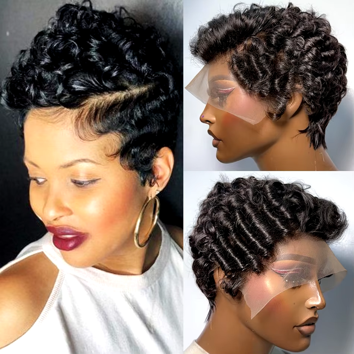 New Pixie Cut Bouncy Curly Cut Wigs Human Hair Wigs Transparent  Lace Front Wigs