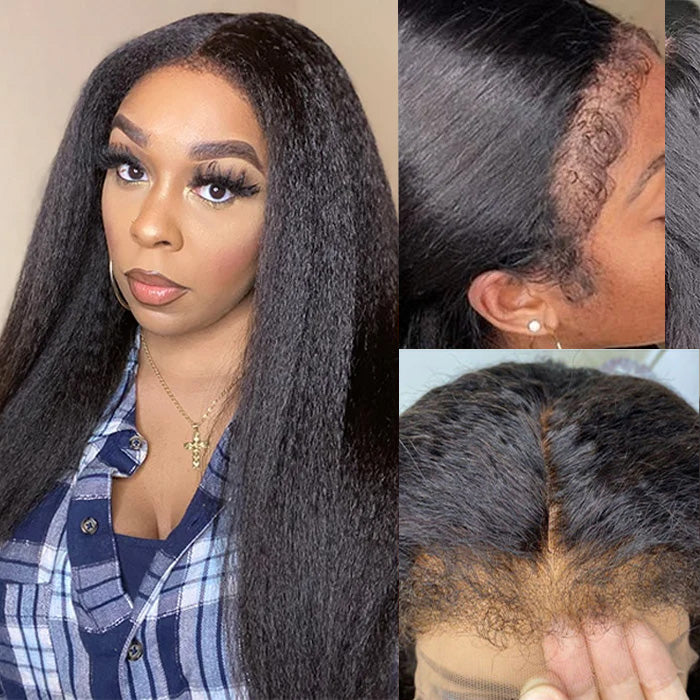 Bords 4C | Indétectable Kinky Straight Kinky Edges 13x4 Frontal Lace Glueless Wig | Inspiré d'Afro 
