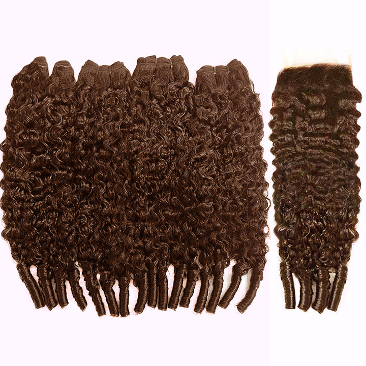 Lumiere Burmese Curly Bundles #4 Brown Chocolate Burmese Curly 4 Bundles With 4x4 Lace Closure Spiral Ends Weave Hair Extensions