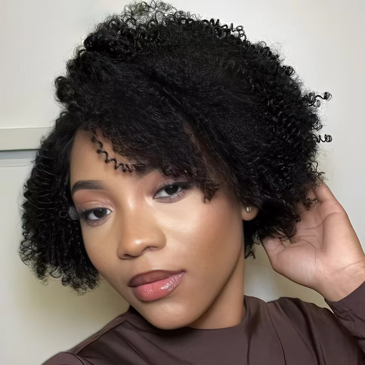 Afro Kinky Curly Human Hair Wigs With Bangs Short Pixie Cut Bob Wig Full Machine Wigs For Women