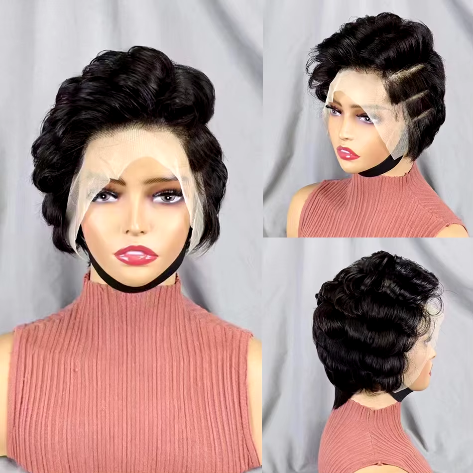 New Pixie Cut Bouncy Curly Cut Wigs Human Hair Wigs Transparent  Lace Front Wigs