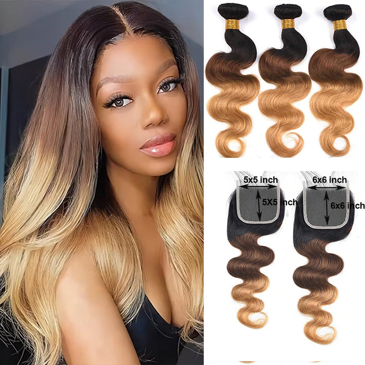 #T1B/4/27 Ombre Color Body Wave 3 Bundles with 5x5/6x6 Closure Human Virgin Hair Weave Double Weft Hair Extensions