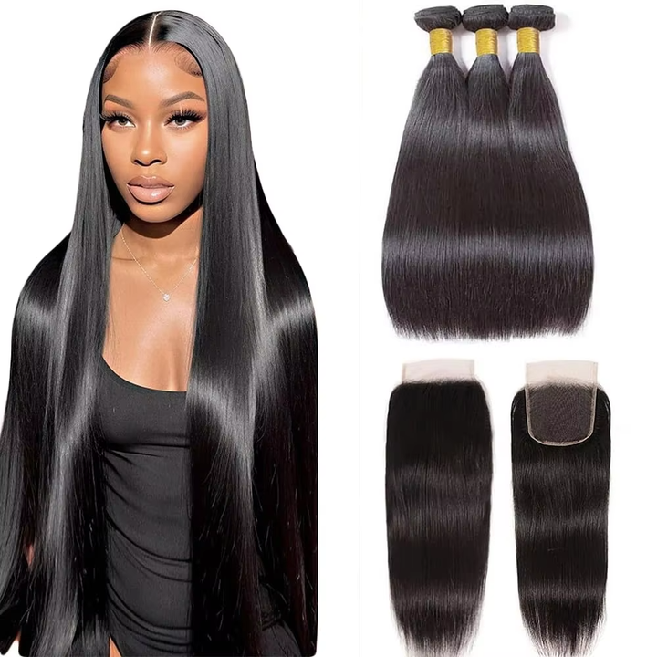 15A Straight 3 Bundles With 4X4 Lace Closure 100% virgin human hair