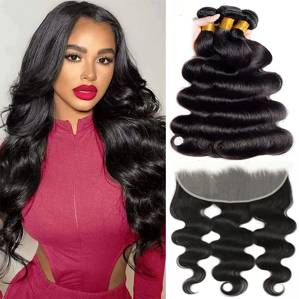 (B1) Brazilian Body Wave 3 Bundles With 13x4 Lace Frontal Human Hair