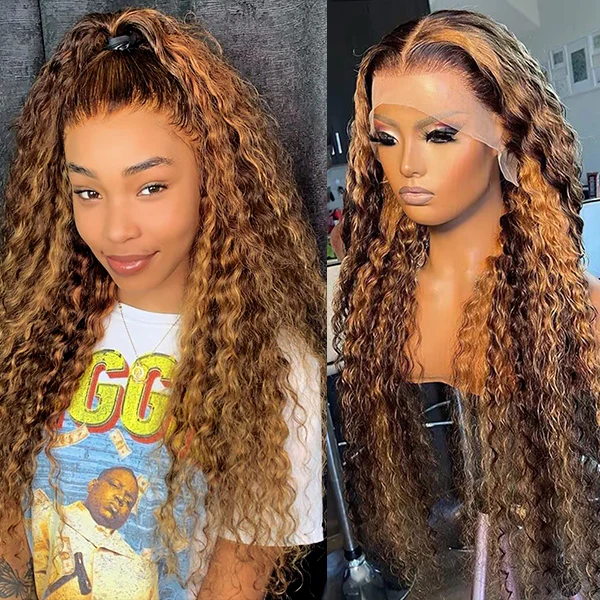 P4/27 Highlight Water Wave Lace Frontal Human Hair Wigs Pre Plucked With Baby Hair