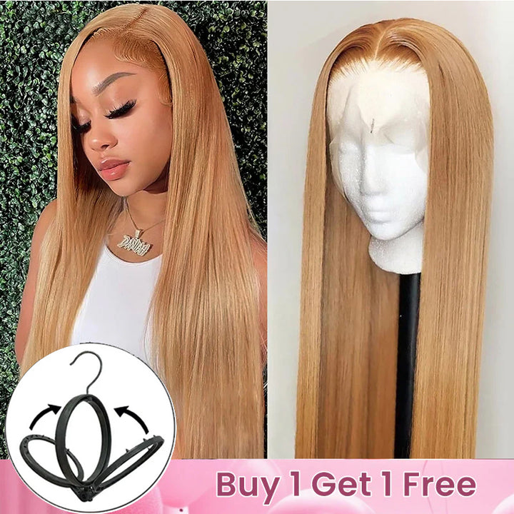 Wear &amp; Go Glueless #27 Honey Blonde Straight Lace Closure &amp; Frontal Glueless perruques avec des cheveux de bébé 