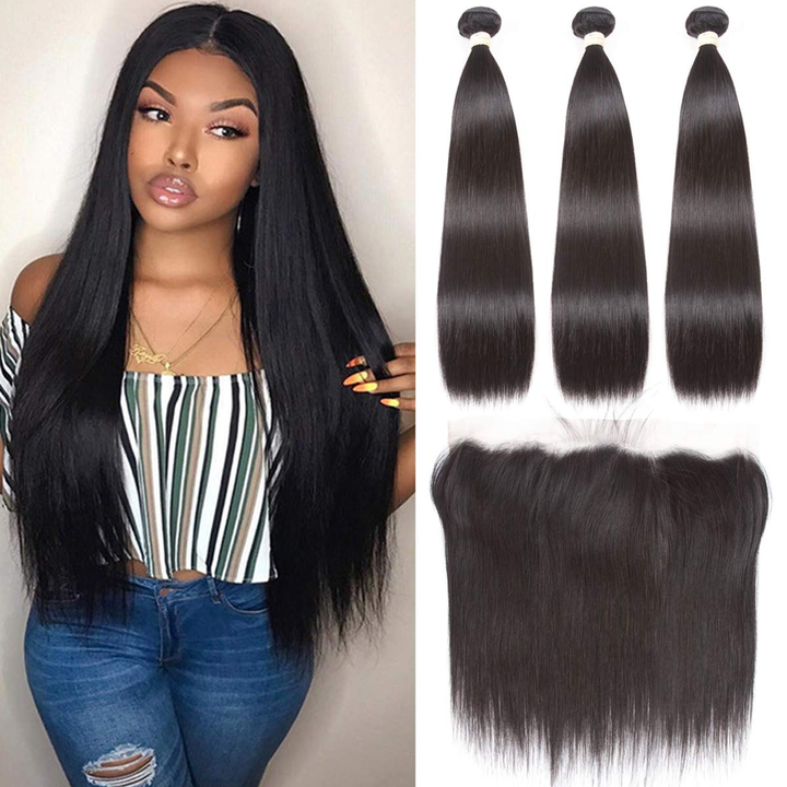(B2) 3 Bundles Straight Human Hair With Frontal 13x4 Transparent Lace Frontal 100% Natural Human Hair Extensions Brazilian Real Hair