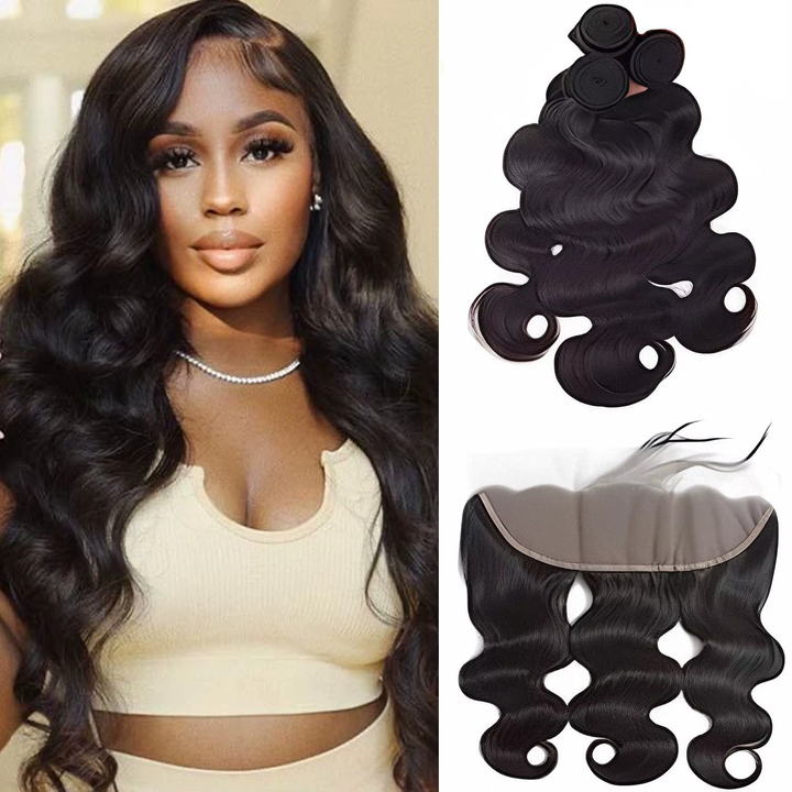 (B2) Body Wave 3 Bundles Human Hair With Frontal 13x4 Transparent Lace Frontal 100% Natural Human Hair Extensions Brazilian Real Hair