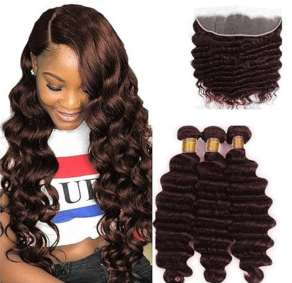 Chocolate Brown Loose Deep 3 Bundles With 13x4 Lace Frontal Brazilian Hair Human Hair