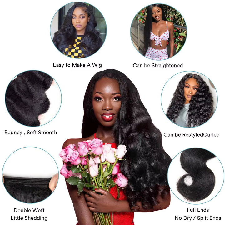 (B2) Body Wave 3 Bundles Human Hair With Frontal 13x4 Transparent Lace Frontal 100% Natural Human Hair Extensions Brazilian Real Hair