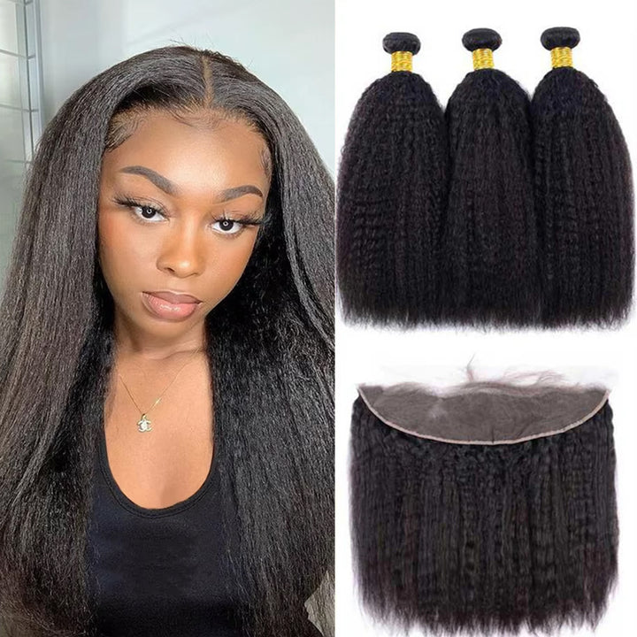Lumiere 15A Kinky Straight Human Hair 3 Bundles With 13x4 Frontal Lace Brazilian Yaki Hair Weave Bundles For Women