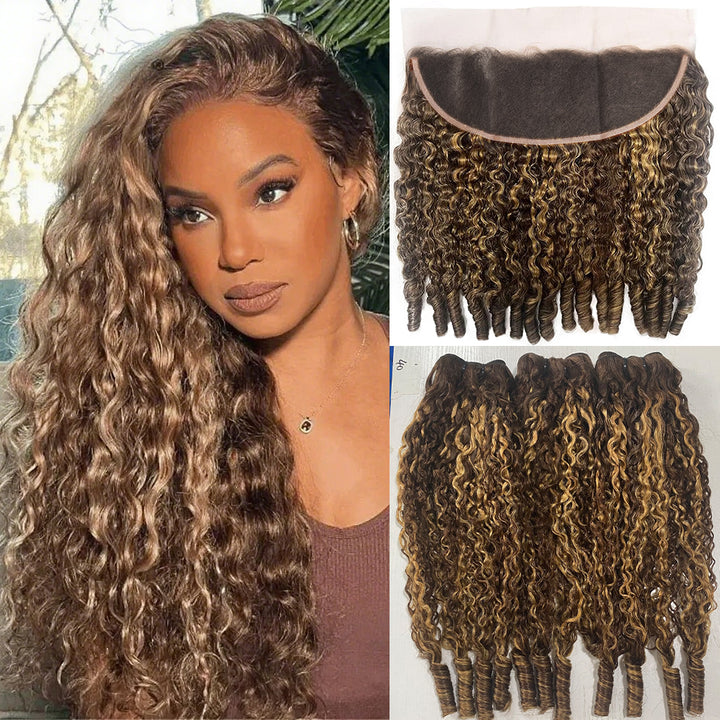 Highlight P4/27 Color Burmese Curly 3 Bundles With 13x4 Transparent Lace Frontal Human Hair