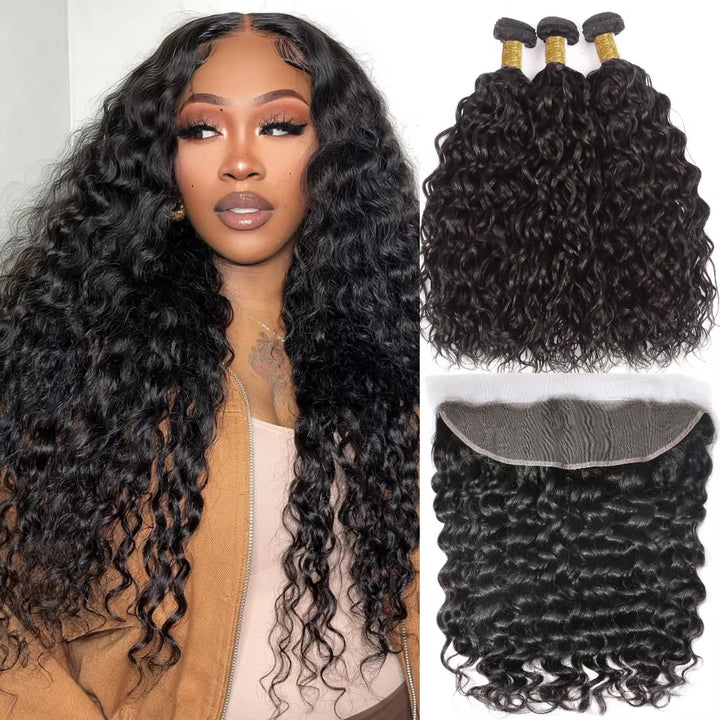 Lumiere Hair 15A Water Wave 3 Bundles with 13x4 Lace Frontal Virgin Human Hair Bundles