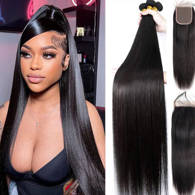 (B1)Straight 3 Bundles With 4*4 Lace Closure Remy Brazilian 100% Human Hair