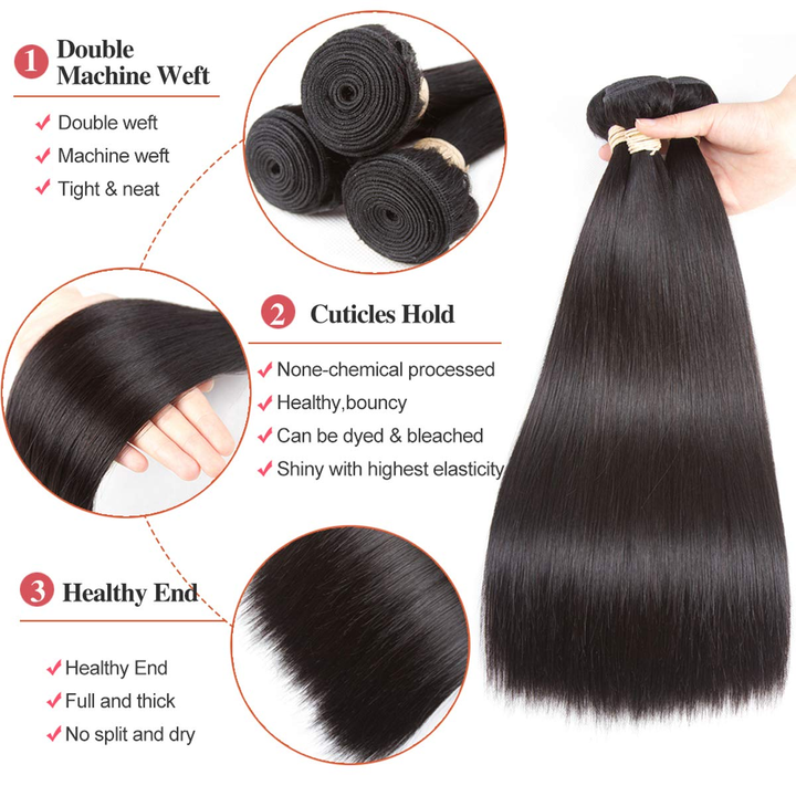 (B2) 3 Bundles Straight Virgin Human Hair Extensions 100% Human Hair