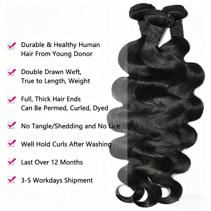(B2) Body Wave 3 Bundles Human Hair  Brazilian Hair Weave Extensions 100% Human Hair For Women Top Quality