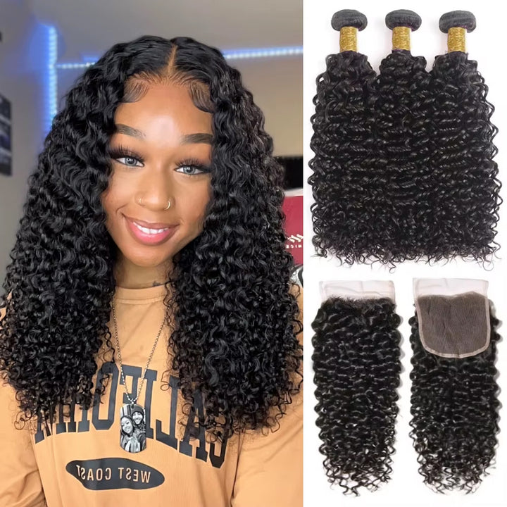Lumiere  15A Afro Kinky Human Hair 3 Bundles With 4x4 Closure Lace Human Hair Weave Bundle Deal Hair Extensions Wholesale