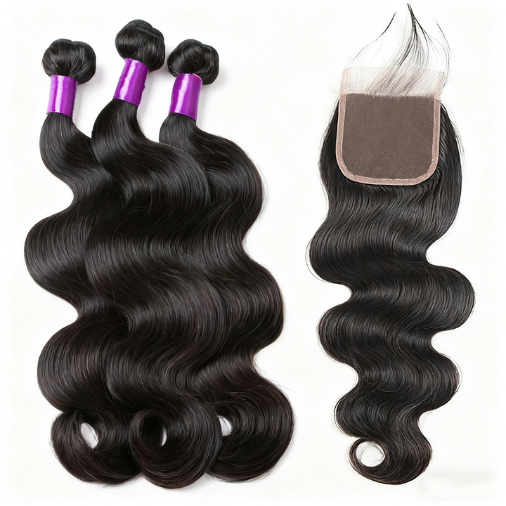 (B2) Body Wave 3 Bundles With 4x4  Lace Closure Brazilian Human Hair Extension