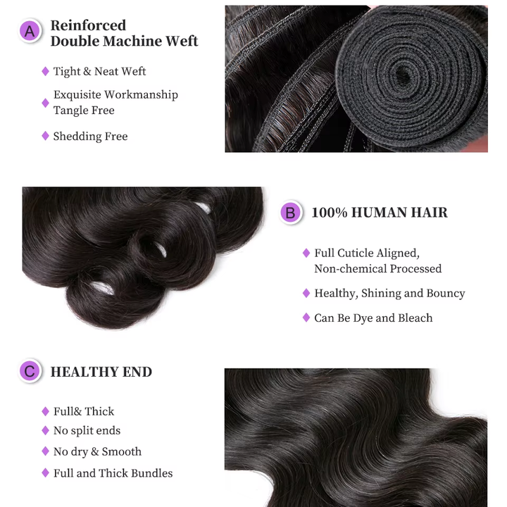 (B2) Body Wave 3 Bundles With 4x4  Lace Closure Brazilian Human Hair Extension