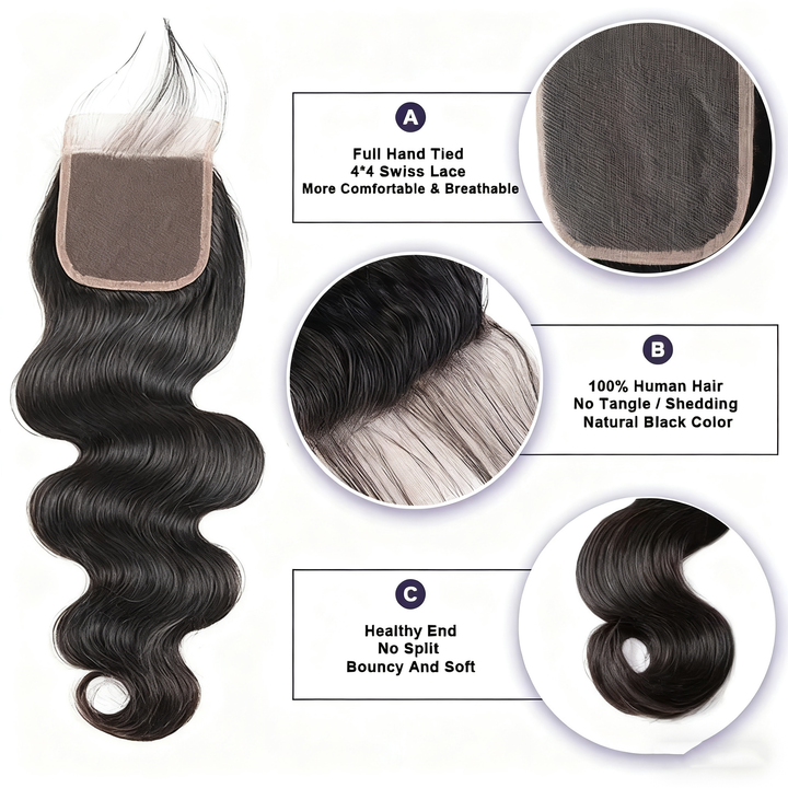 (B2) Body Wave 3 Bundles With 4x4  Lace Closure Brazilian Human Hair Extension