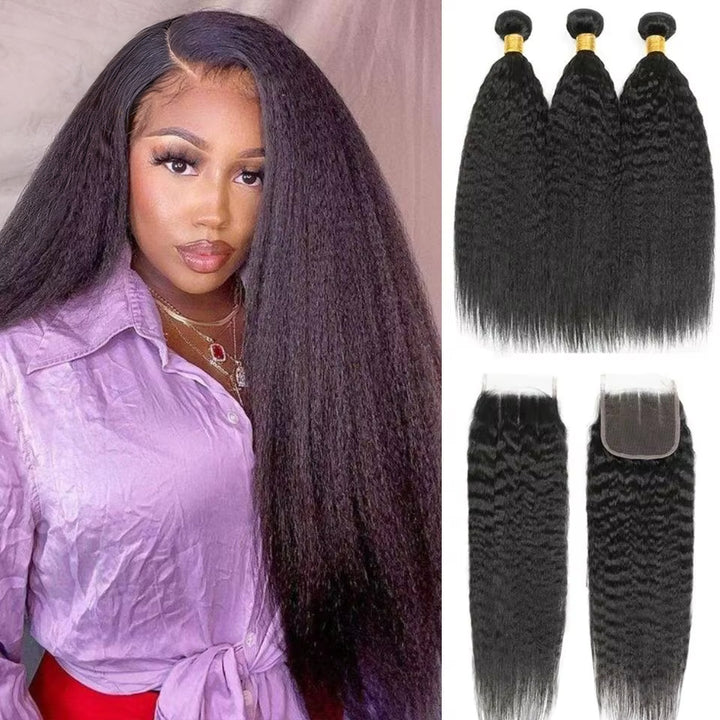 Lumiere 15A Kinky Straight Human Hair 3 Bundles With 4x4 Lace Closure Yaki Straight Bundles Hair Weft