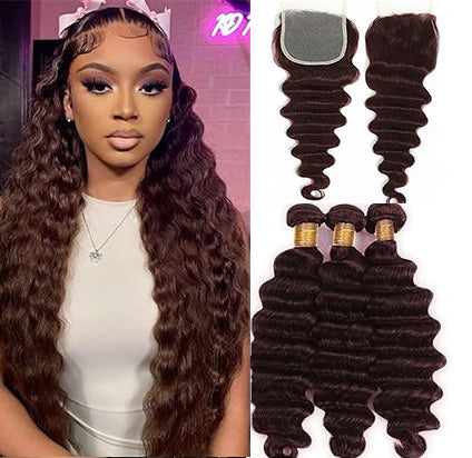 Chocolate Blown Loose Deep 3 Bundles With 4X4 Transparent Lace Closure  Human Hair