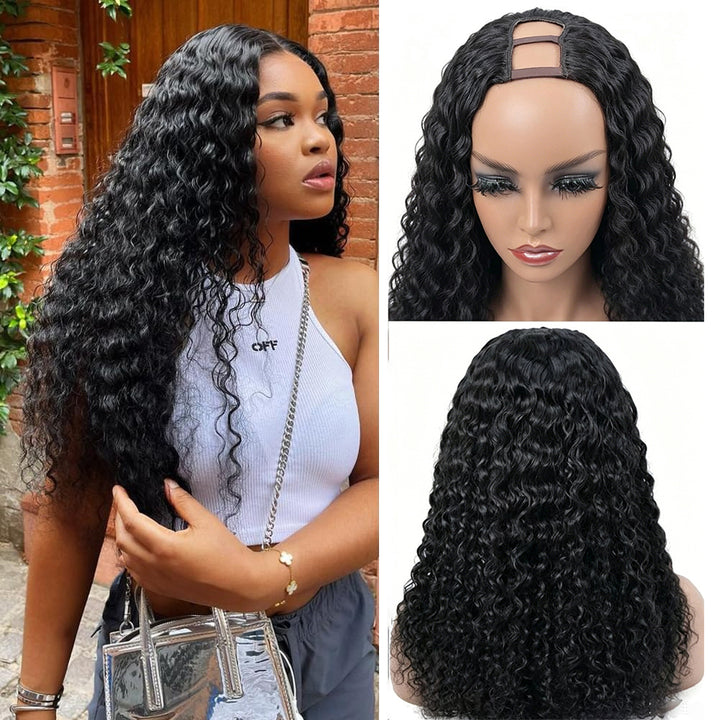 U Part Wig Human Hair Wig Deep Wave Human Hair Wigs Natural Black