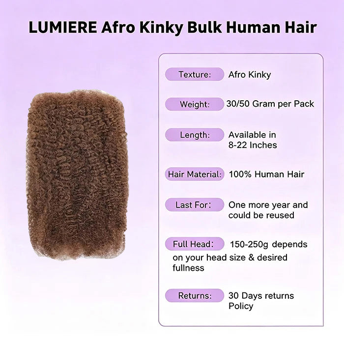 #6 Brown Afro Kinky Bulk Human Hair for Dreadlock Extensions Loc Repair Braiding Twist Tight Afro Kinky Human Hair