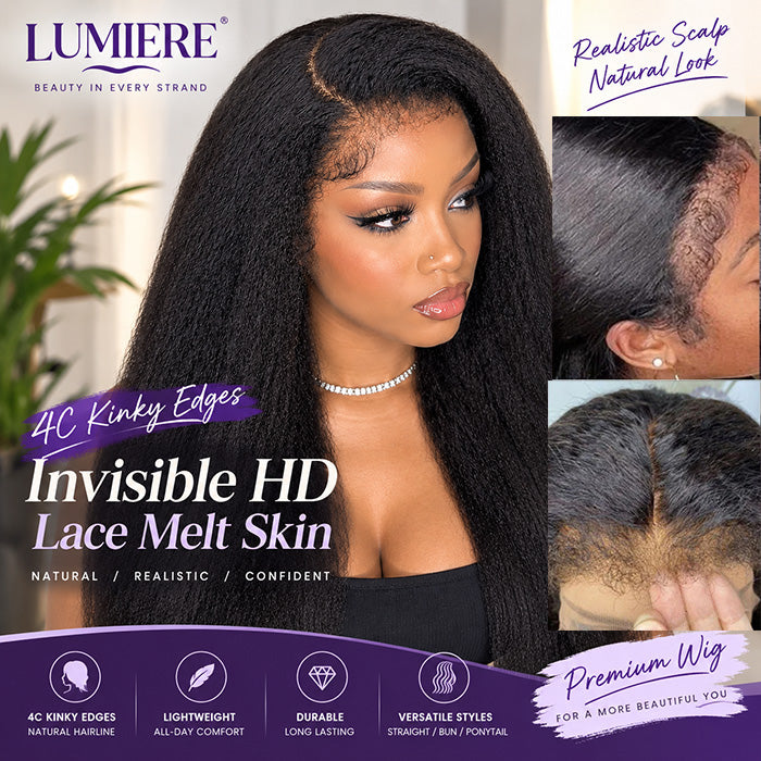 Bords 4C | Indétectable Kinky Straight Kinky Edges 13x4 Frontal Lace Glueless Wig | Inspiré d'Afro 