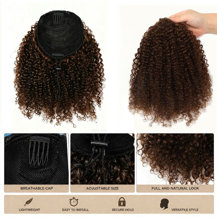 Lumiere #4 Chocolate Brown Afro Curly Drawstring Ponytail Human Hair Extensions