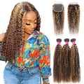 Highlight P4/30 Kinky Curly 3 Bundles With 4X4 Transparent Lace Closure Human Hair