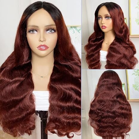 Reddish Brown T1b/33 Colored 13x4 Lace Front Wigs Human Hair Body Wave Wig 28 Inch Dark Roots Pre Plucked 180% Density