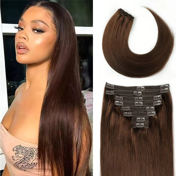 Lumiere #4 Straight Clips In 8PCS 120 Grams/Set Human  Clip in Hair Extensions for Women