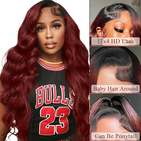 Reddish Brown T1b/33 Colored 13x4 Lace Front Wigs Human Hair Body Wave Wig 28 Inch Dark Roots Pre Plucked 180% Density
