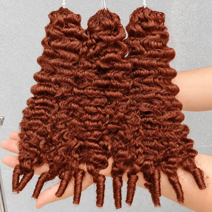 #33 Reddish Brown Burmese Curly Crochet Human Hair Knotless Pre-Separated Feather Crochet Hair Extension