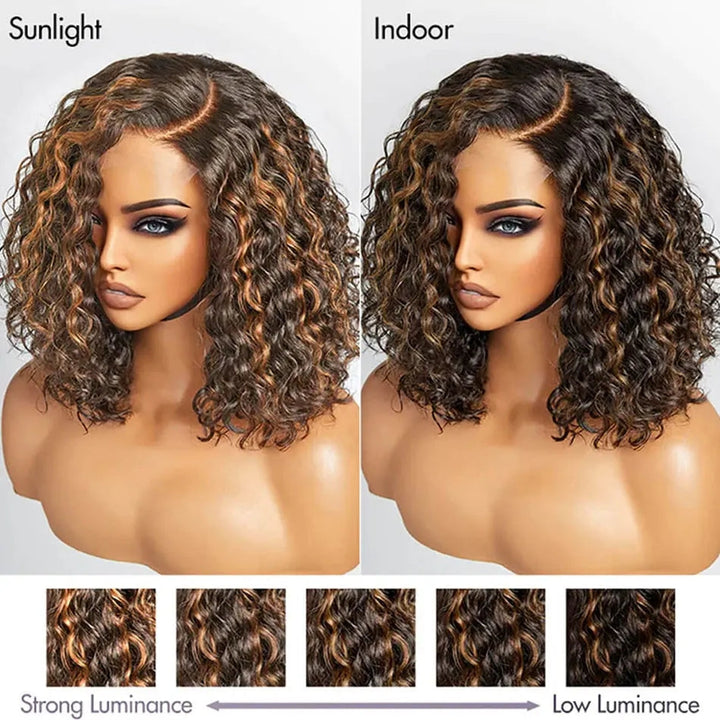 Lumiere #P1B/30 & #4 & Highlight Water Wave Bob 13X4 HD Lace Wig Human Hair Transparent Lace Frontal Wigs  For Black Women HDZ