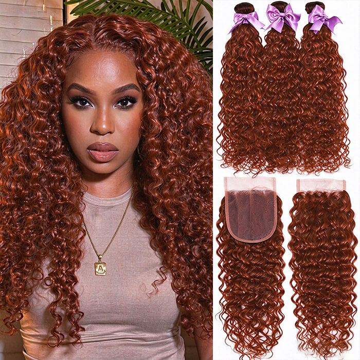 #33 Reddish Brown Water Wave 3 Bundles with 4x4 Lace Closure (No Code Need)