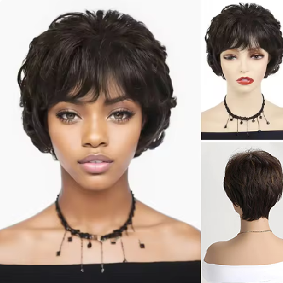 New Pixie Cut Colored Short Straight Full Machine Wigs with Natural Bangs Bob Wig with Layer Hair