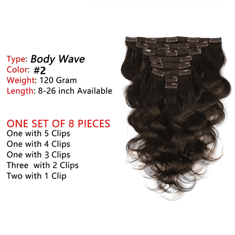 #2 Body Wave Clips In 8PCS 120 Grams/Set Human Hair Extension For Women