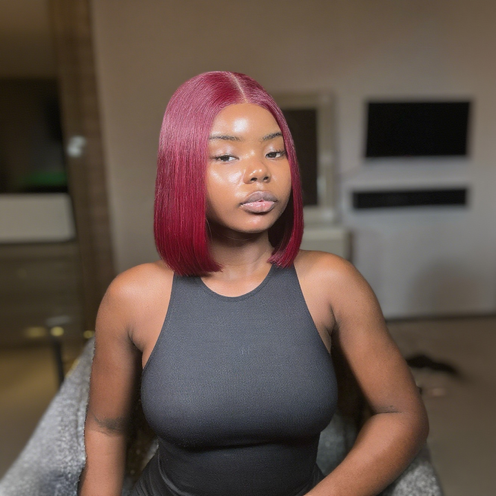 15A Lumiere 2x6 Lace Closure Straight Bob Wigs 250% Density #99J Red Colored Blunt Cut New Short Bob Wigs