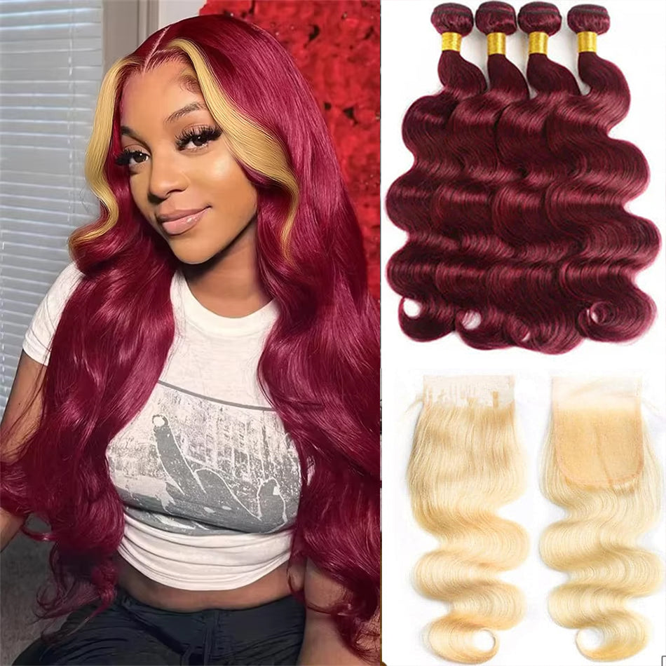 Body Wave 99j 4 Bundles with #613 4x4 HD Lace Closure Burgundy Hair Bundle with Blond HD Lace Closure Human Hair Extensation