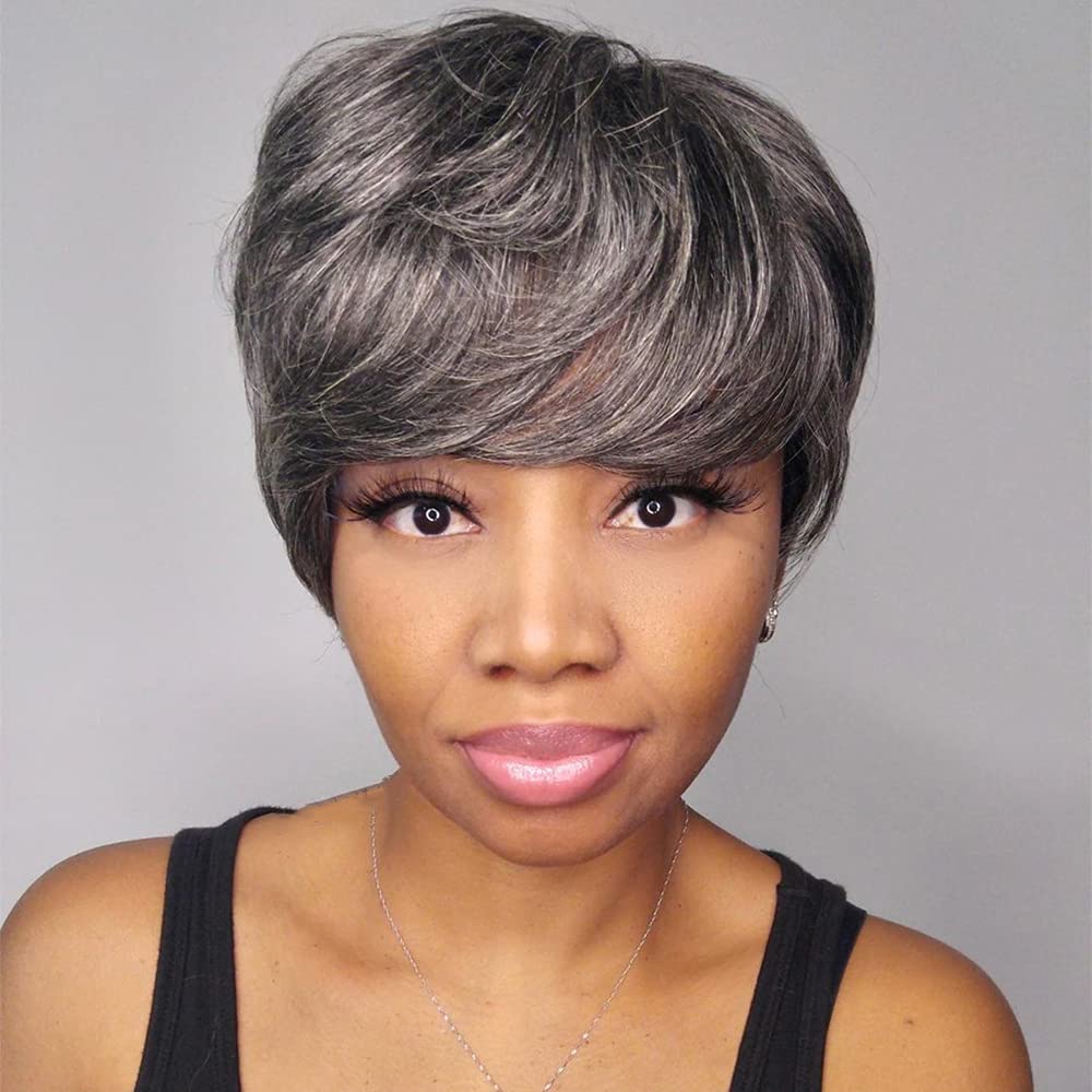 New Pixie Cut Salt Pepper Dark Grey Granny Grey Short Straight Pixie Cut Hair Human Hair Machine Made Wig for Women